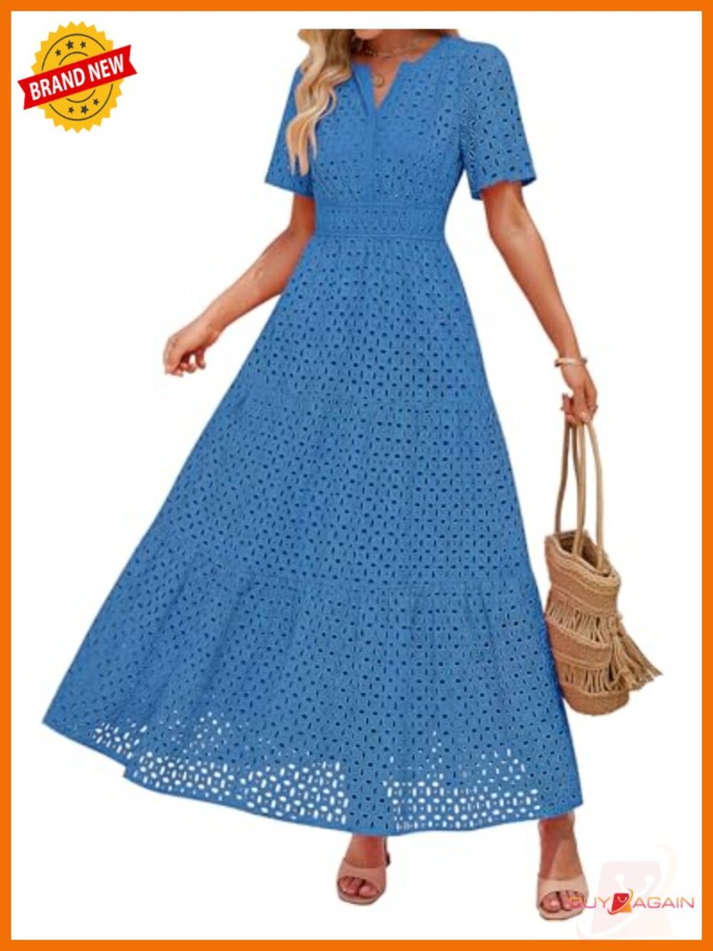 Women's V Neck Eyelet A Line Maxi Dress Short Sleeve Summer Casual